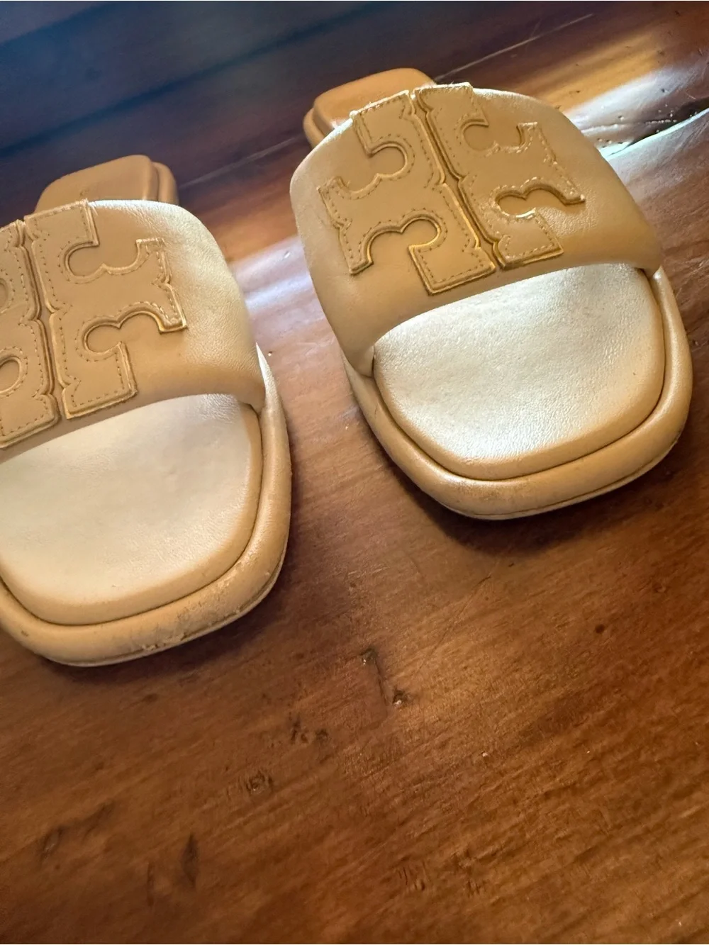 Tory Burch Cream Leather Logo Slide Sandals